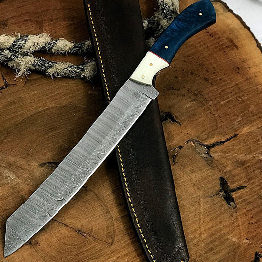 14" Handmade Twist Damascus Steel Brisket Fillet & Hunting Chef Knife with Leather Sheath