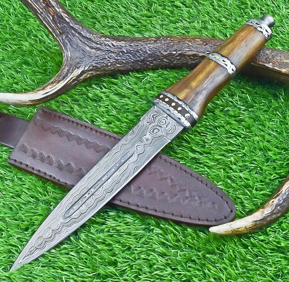 14 Inch Damascus Steel Bowie Dagger with Natural Wood Handle