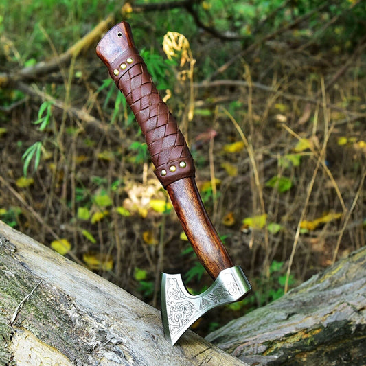 14 Inch Hand Forged 1095 Carbon Steel Viking Tomahawk Hatchet with Rosewood Handle and Leather Sheath