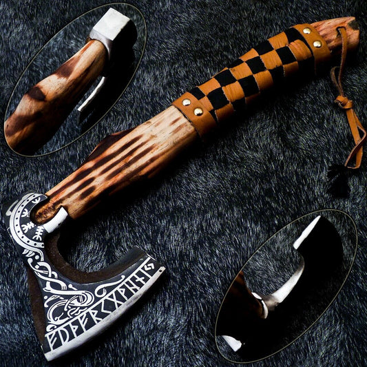 14 Inch Hand Forged Carbon Steel Viking Tactical Bearded Axe with Natural Wood Handle and Leather Sheath