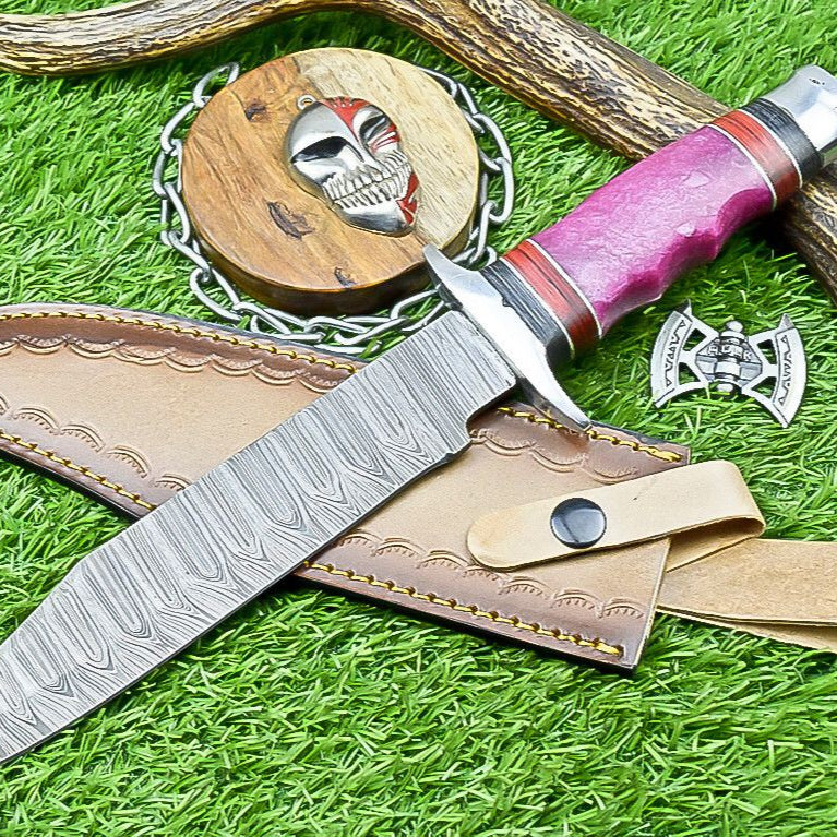 14" Premium Damascus Bowie Knife – Resin Handle & Leather Sheath