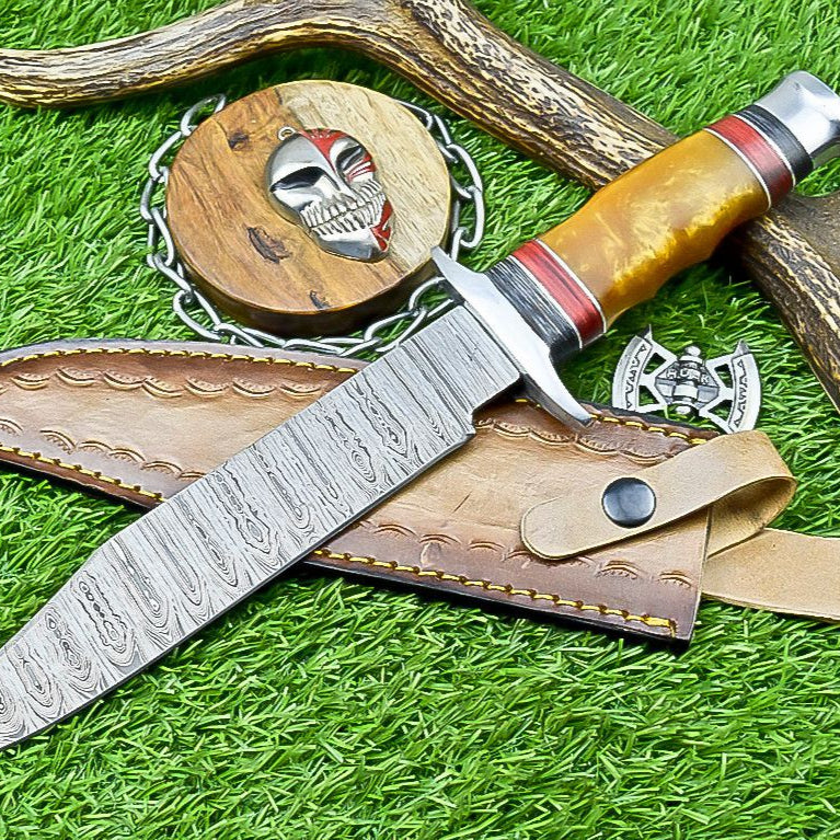 14" Premium Handmade Damascus Bowie Knife – Resin Handle & Leather Sheath