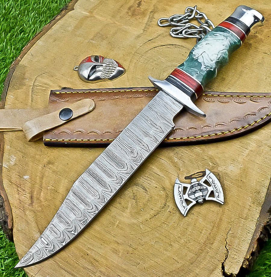 14" Premium Handmade Damascus Steel Bowie Knife – Resin Handle & Leather Sheath