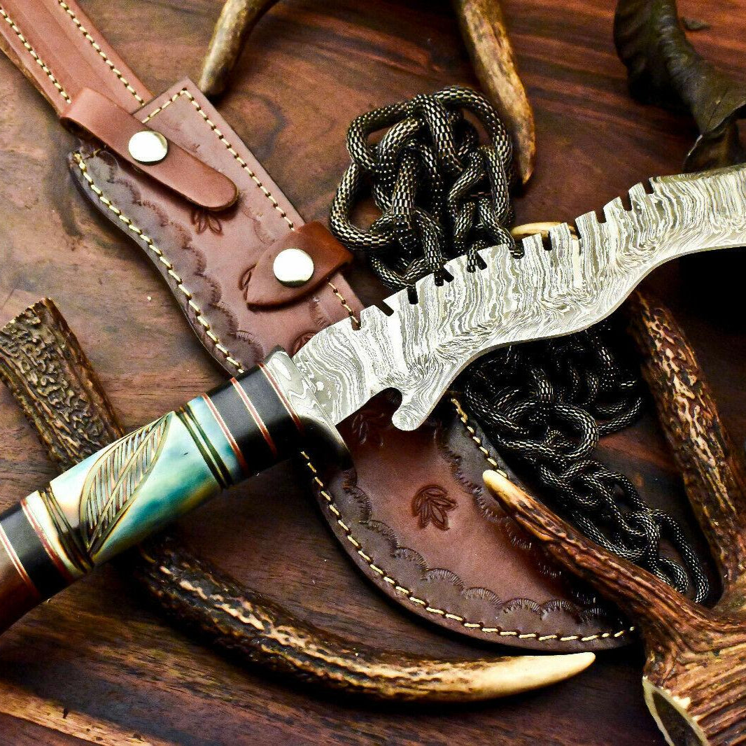 15" Damascus Bowie Knife | Farms Camel Bone Handle