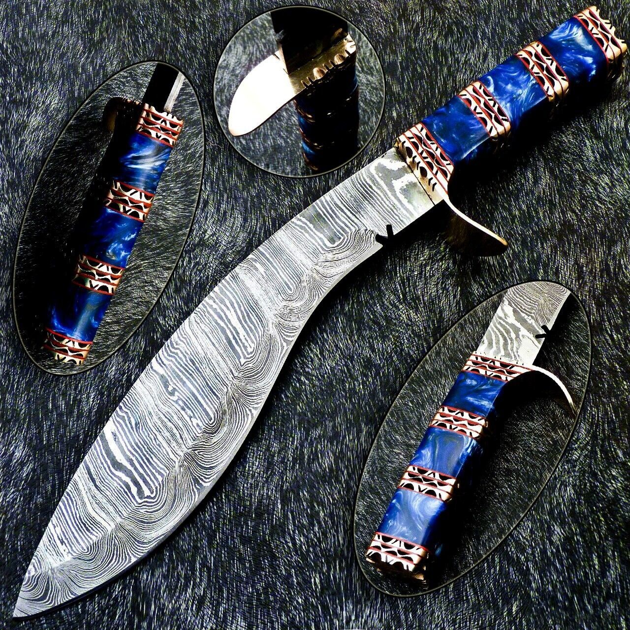 15" Damascus Kukri Hunting Knife – Resin Handle with Brass Accents