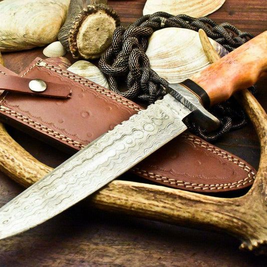 15" Damascus Steel Bowie Knife – Tinted Camel Bone Handle