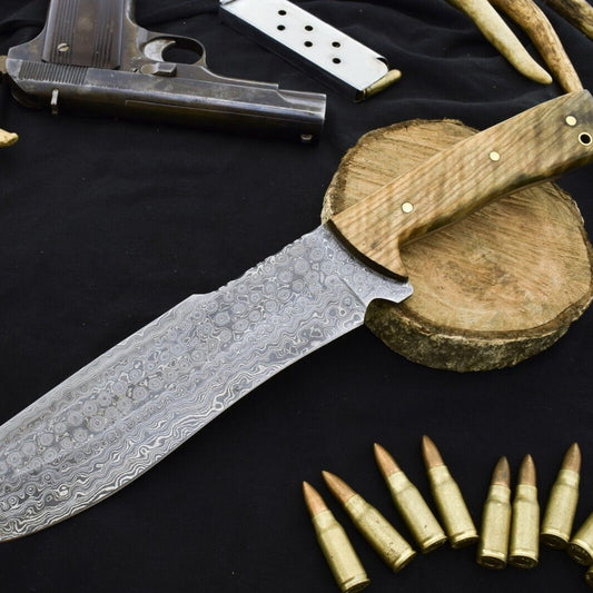 15" Damascus Steel Bowie Knife with Rosewood Handle Hunting Blade