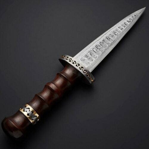 15" Damascus Steel Dagger Bowie – Hand-Forged Hunting Knife with Leather Sheath