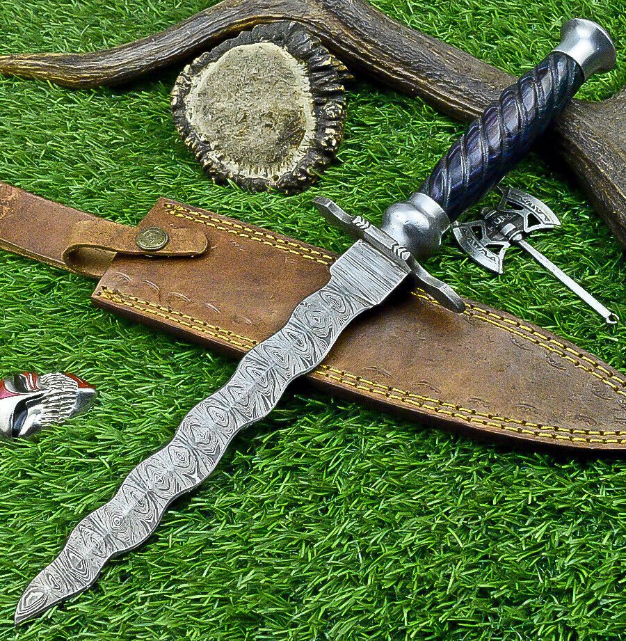 15" Damascus Steel Kris Bowie Knife | Wood Handle & Sheath