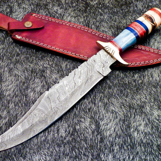 15" Hand-Forged Damascus Bowie Knife | Engraved Bone & Wood Handle with Leather Sheath