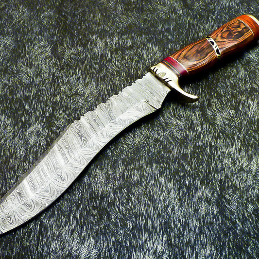 15" Hand-Forged Damascus Steel Bowie Hunting Knife – Hardwood Handle & Brass Bolster
