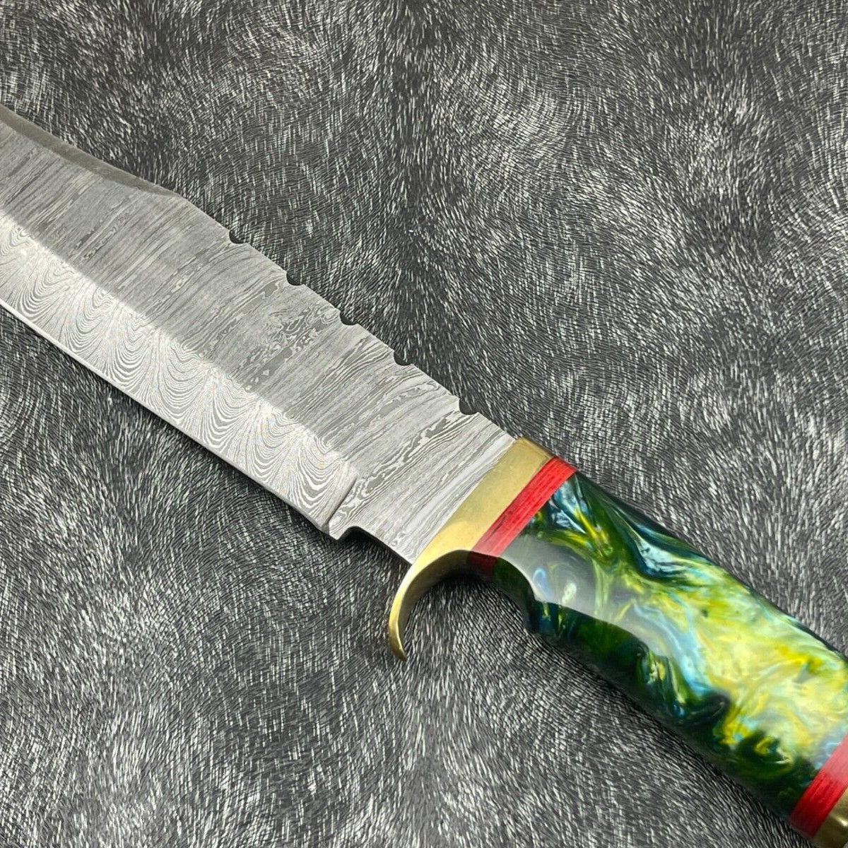 15" Hand Forged Damascus Bowie Knife | Resin Handle & Leather Sheath