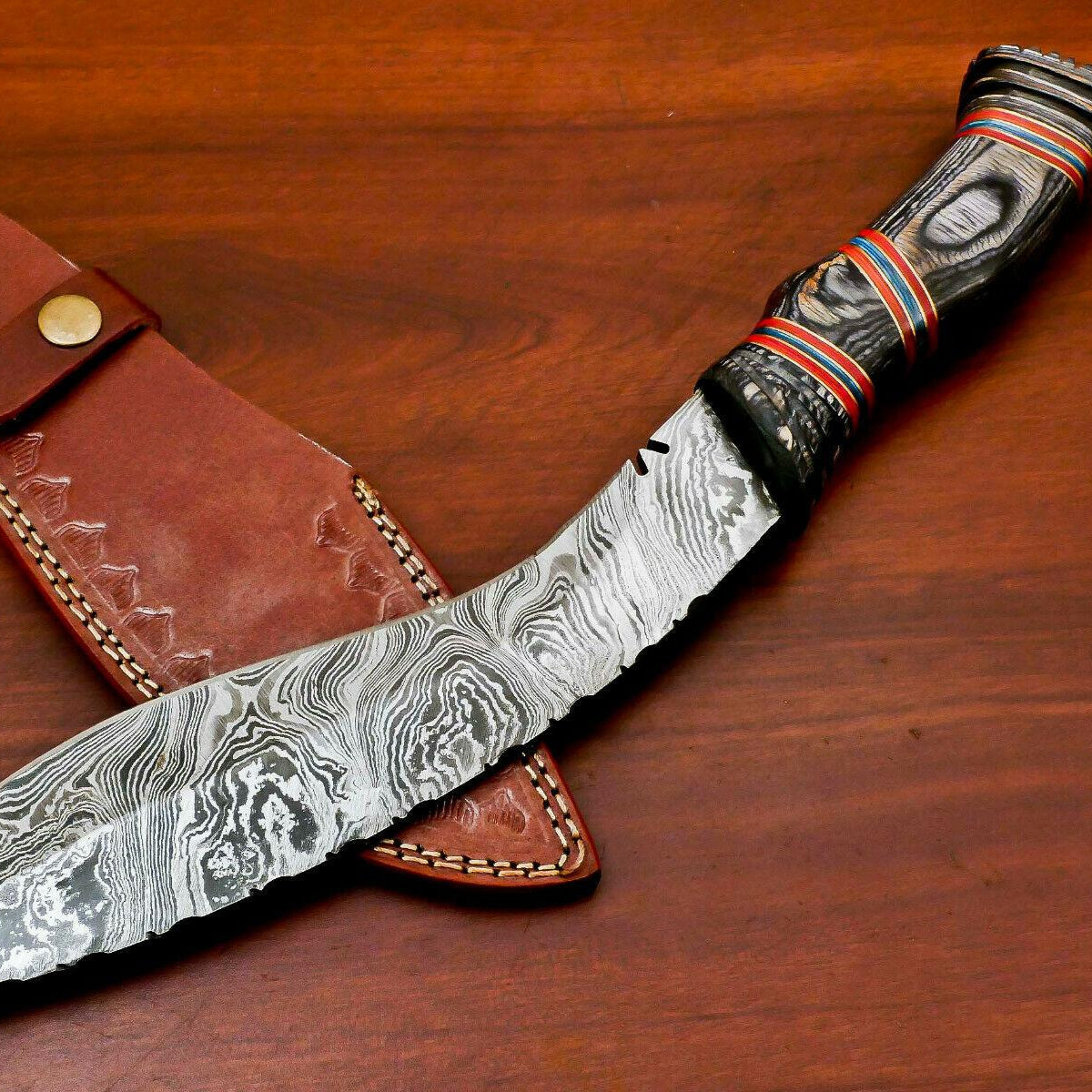 15" Hand Made Damascus Large Kukri Bowie Knife | Hand Carved Hardwood Handle