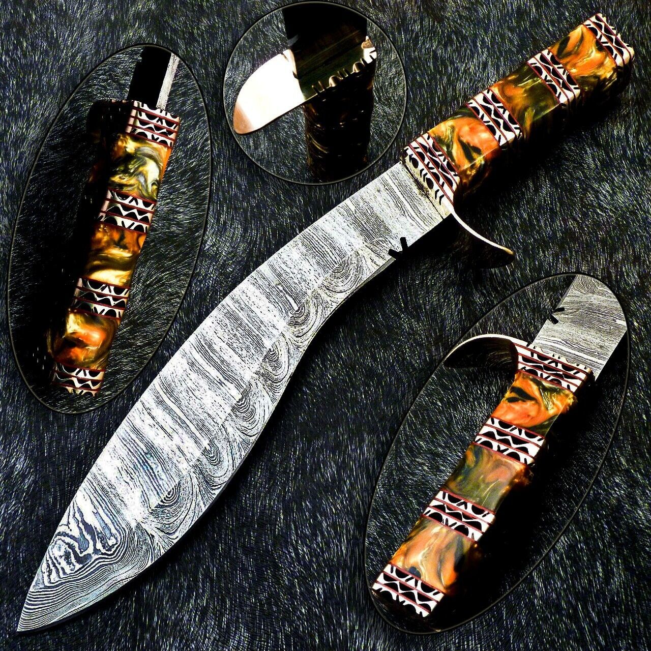 15 Inch Damascus Kukri Knife with Resin Handle and Brass Bolster