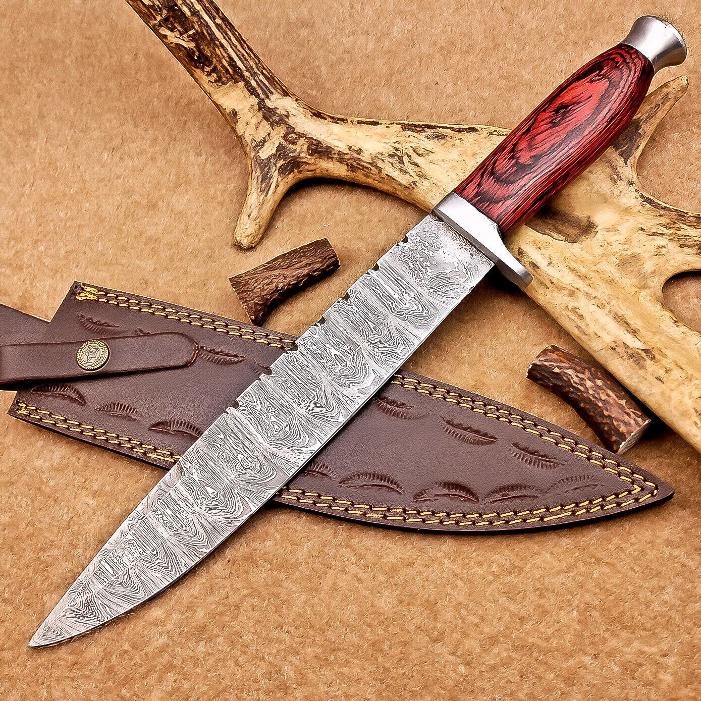 15 Inch Handmade Damascus Steel Bowie Knife with Hardwood Handle