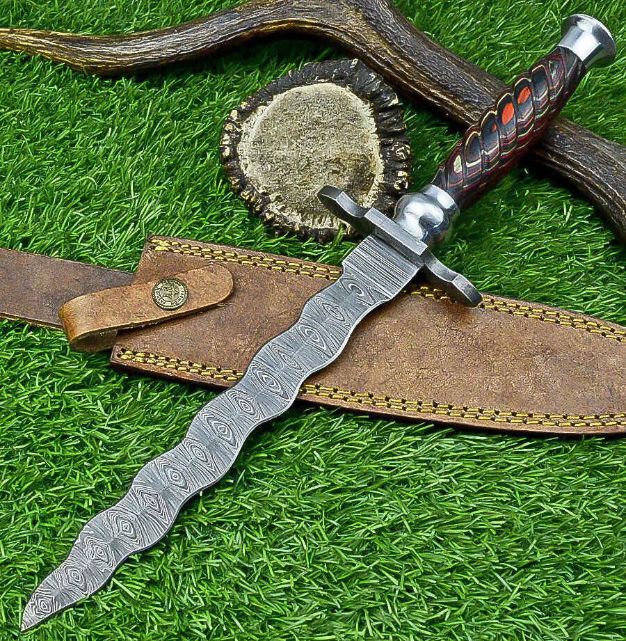 15" Kris Damascus Bowie Knife – Pakka Wood Handle & Steel Bolster