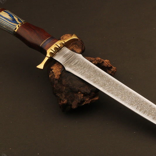 16" Handmade Fire Damascus Steel Dagger Bowie Knife – Wood Handle with Sheath