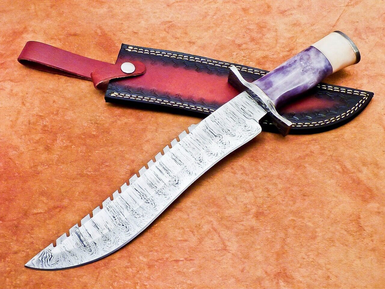 16 Inch Handmade Damascus Steel Bowie Hunting Knife with Camel Bone and Resin Handle by Heritage Forge