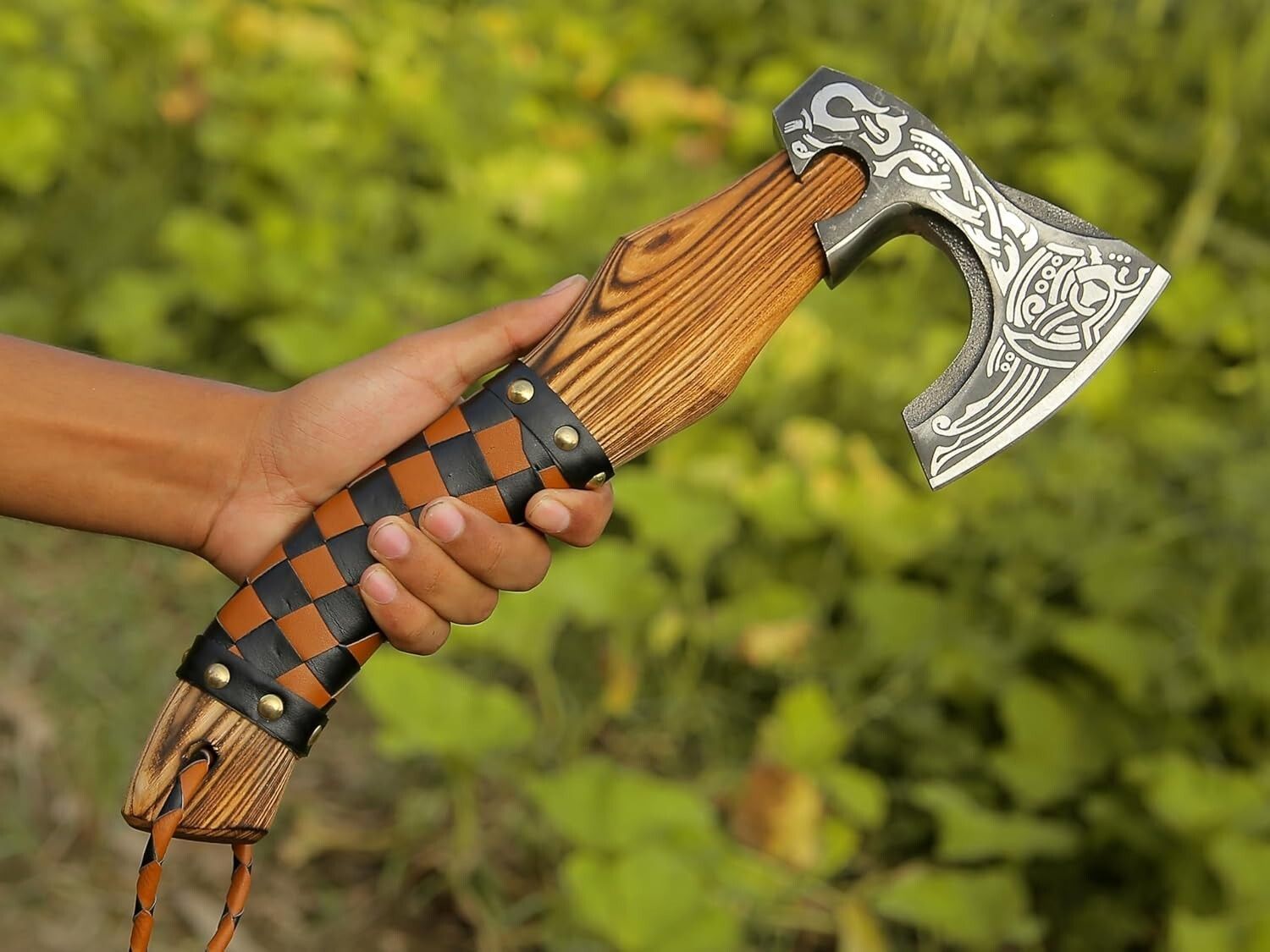 16″ Viking Axe Hatchet – Hand-Forged Carbon Steel Blade with Rosewood Handle & Leather Sheath