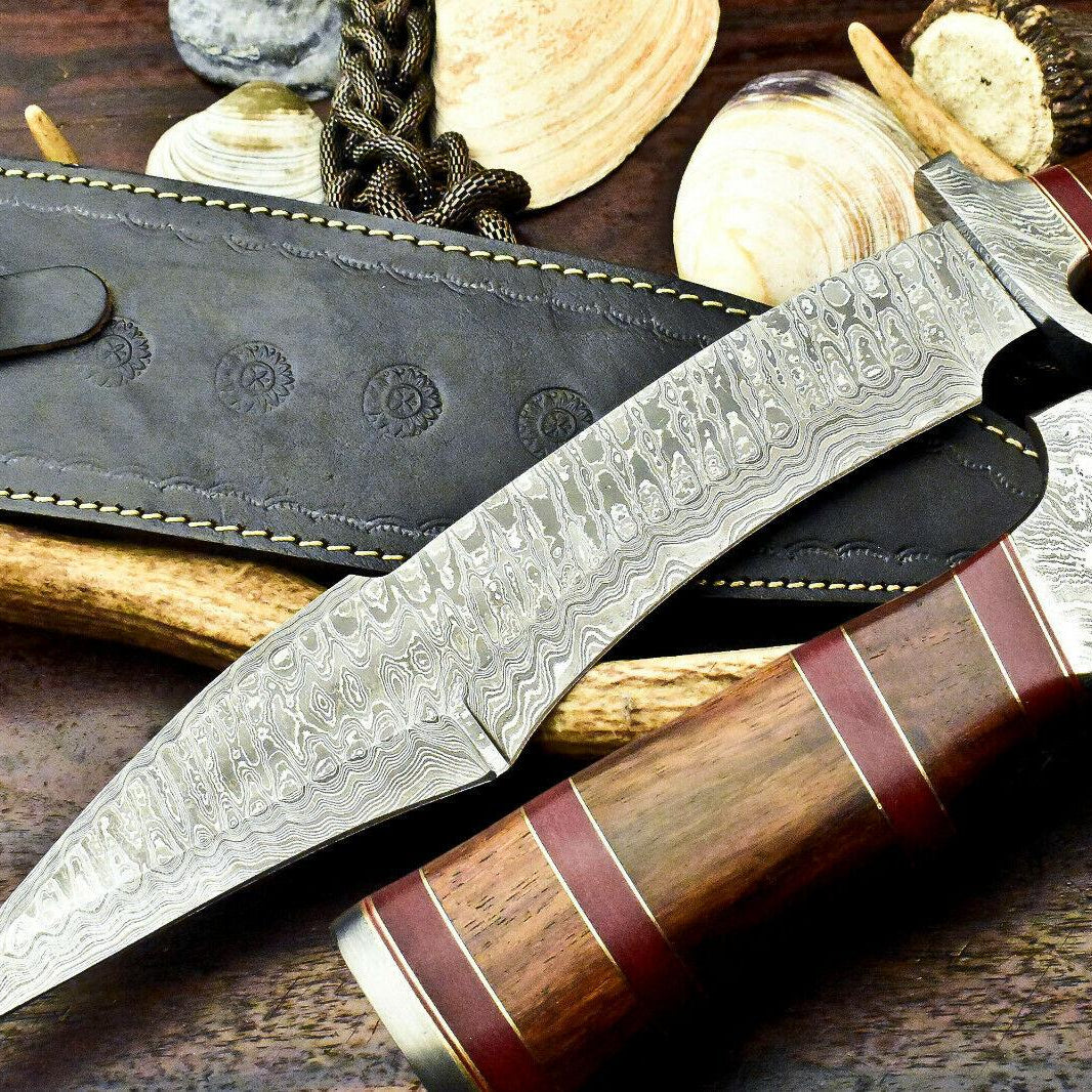 17" Damascus Bowie Hunting Knife – Walnut Wood Handle with Leather Sheath