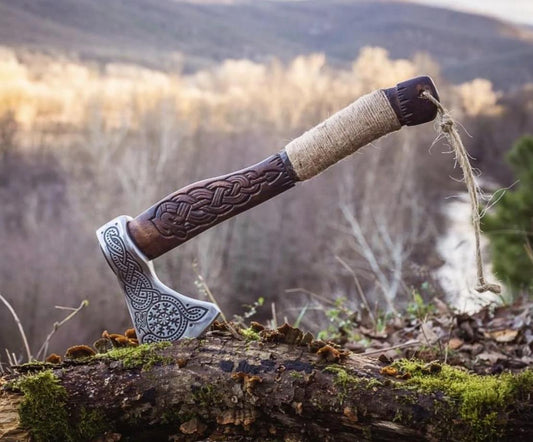18" Dragon Engraved Viking Hatchet – Hand Forged High Carbon Steel Throwing Axe with Wooden Handle and Leather Sheath