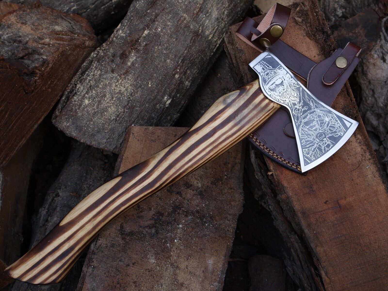 18 Inch Hand Forged Carbon Steel Viking Axe with Ash Wood Handle and Leather Sheath