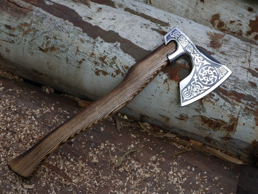 18 Inch Hand Forged Viking Axe with Carved Ash Wood Handle and Leather Sheath