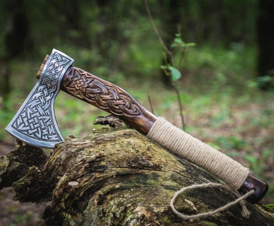 18 Inch Viking Engraved Hatchet Hand Forged High Carbon Steel Throwing Axe with Rosewood Handle and Leather Sheath