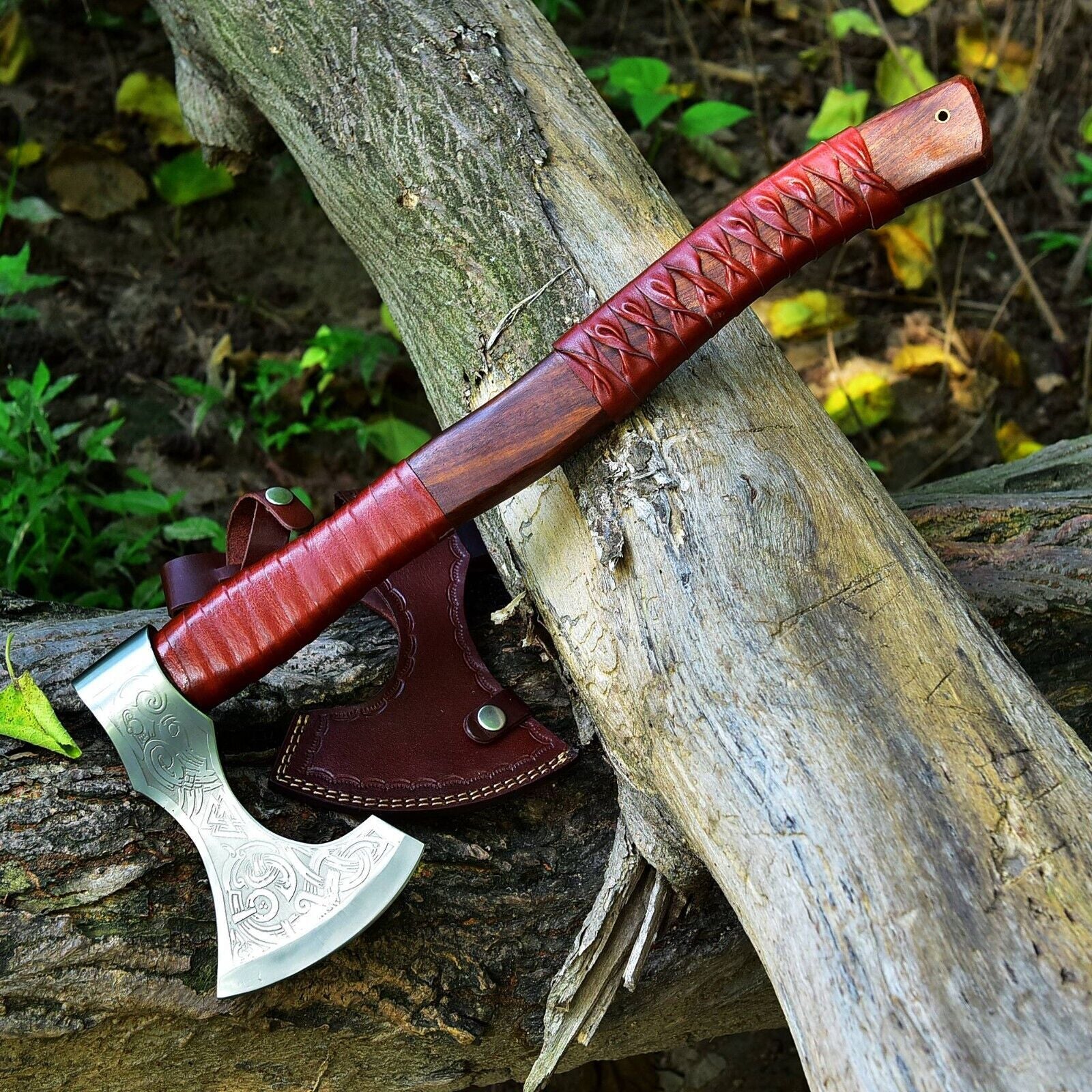 19.5 Inch Handmade Viking Combat Axe with Ash Wood Handle and Leather Sheath
