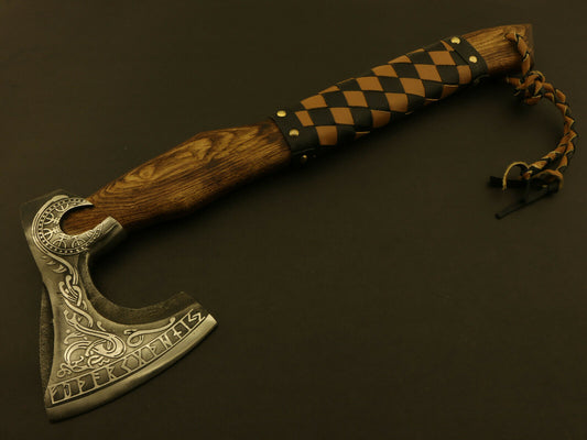 19 Inch Hand Forged Carbon Steel Viking Bearded Axe with Wooden Handle and Leather Sheath
