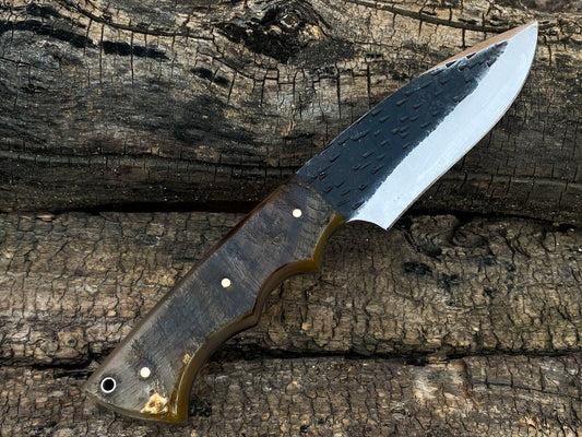 Hand Forged High Carbon Steel 8" EDC Bowie Hunting Knife | Ram Horn Handle & Leather Sheath