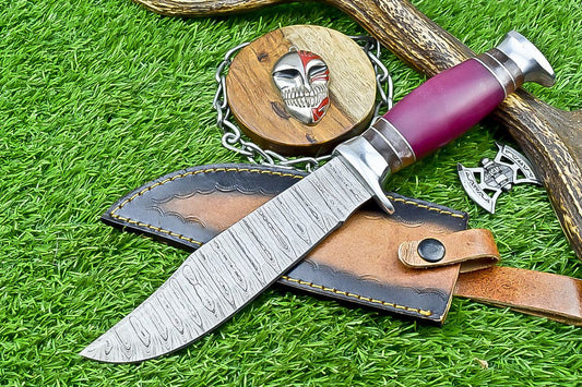 12" Premium Handmade Damascus Steel Bowie Knife – Resin Handle & Leather Sheath
