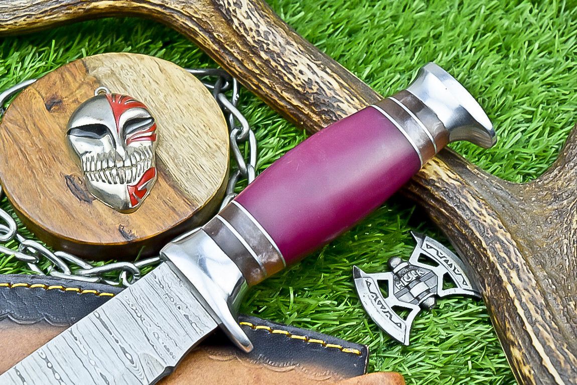 12" Premium Handmade Damascus Steel Bowie Knife – Resin Handle & Leather Sheath