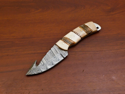 7" Handmade Damascus Steel Gut Hook Hunting Knife – Burned Camel Bone Handle