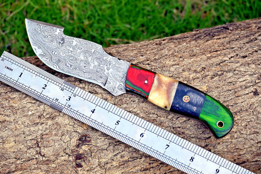 Custom Handmade Damascus Steel Tracker Knife – Full Tang Hunting, Camping & Survival with Camel Bone & Wood Handle