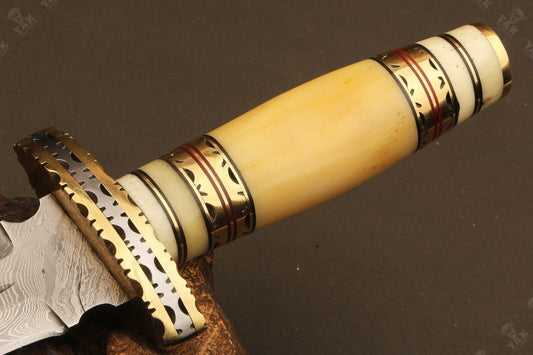 15" Handmade Damascus Steel Dagger Bowie Knife – Ladder Pattern Blade & Bone Handle