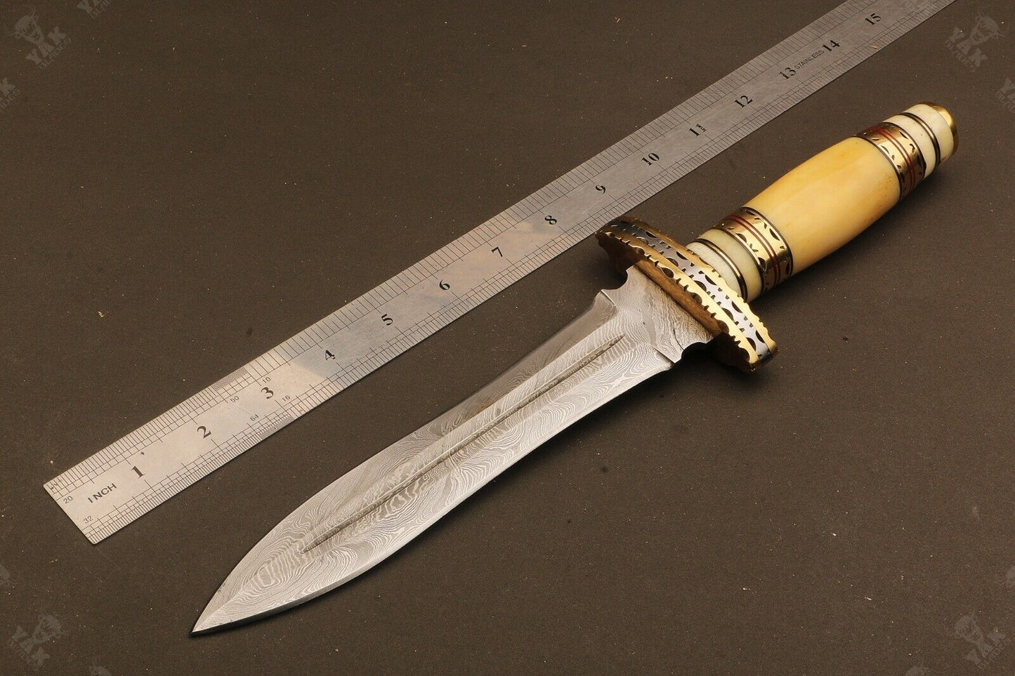 15" Damascus Bowie Knife Damascus Steel Knife with Ladder Pattern Blade & Bone Handle