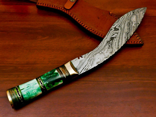 14.5" Damascus Khukri Bowie Knife | Stained Camel Bone & Hardwood Handle with Leather Sheath