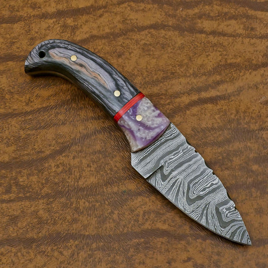 Handmade Damascus Skinner Knife with Resin and Wood Handle – Custom Hunting EDC Blade
