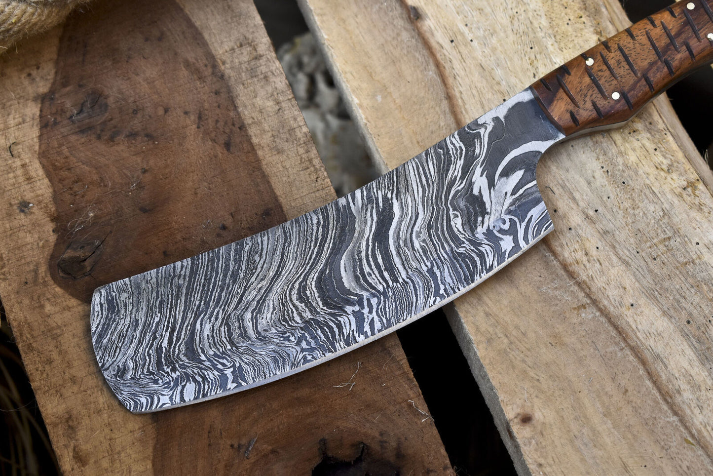 Forged Clever Chopper Chef Knife Fire Damascus Hard Wood EDC Rare