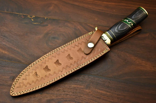 14.5" Handmade Damascus Steel Bowie Knife | Hardwood Handle & Leather Sheath