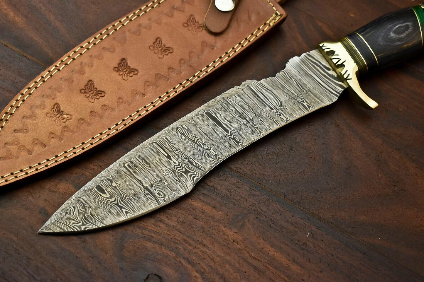 14.5" Handmade Damascus Steel Bowie Knife | Hardwood Handle & Leather Sheath
