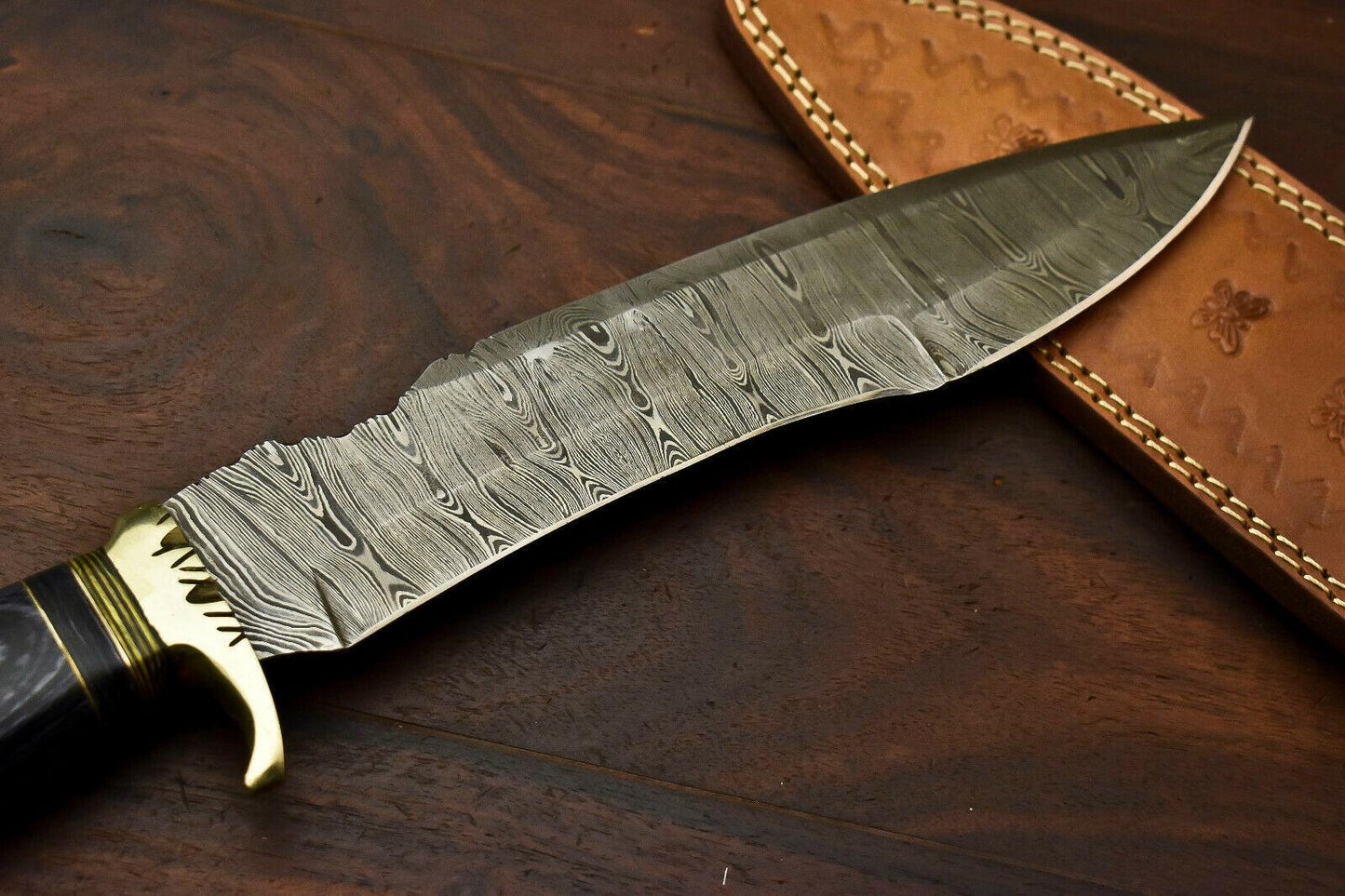 14.5" Handmade Damascus Steel Bowie Knife | Hardwood Handle & Leather Sheath