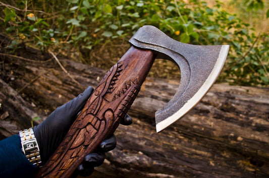 Custom Handmade Carbon Steel Viking Axe Tomahawk Throwing Hatchet with Engraved Wood Handle and Leather Sheath