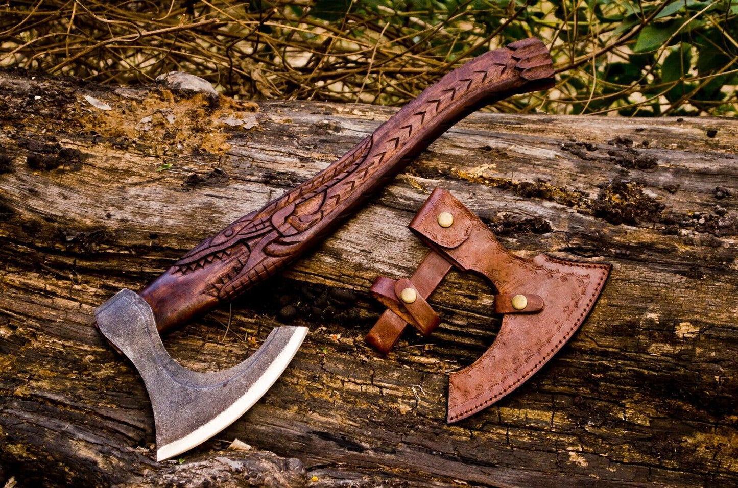 Custom Handmade Carbon Steel Viking Axe Tomahawk Throwing Hatchet with Engraved Wood Handle and Leather Sheath