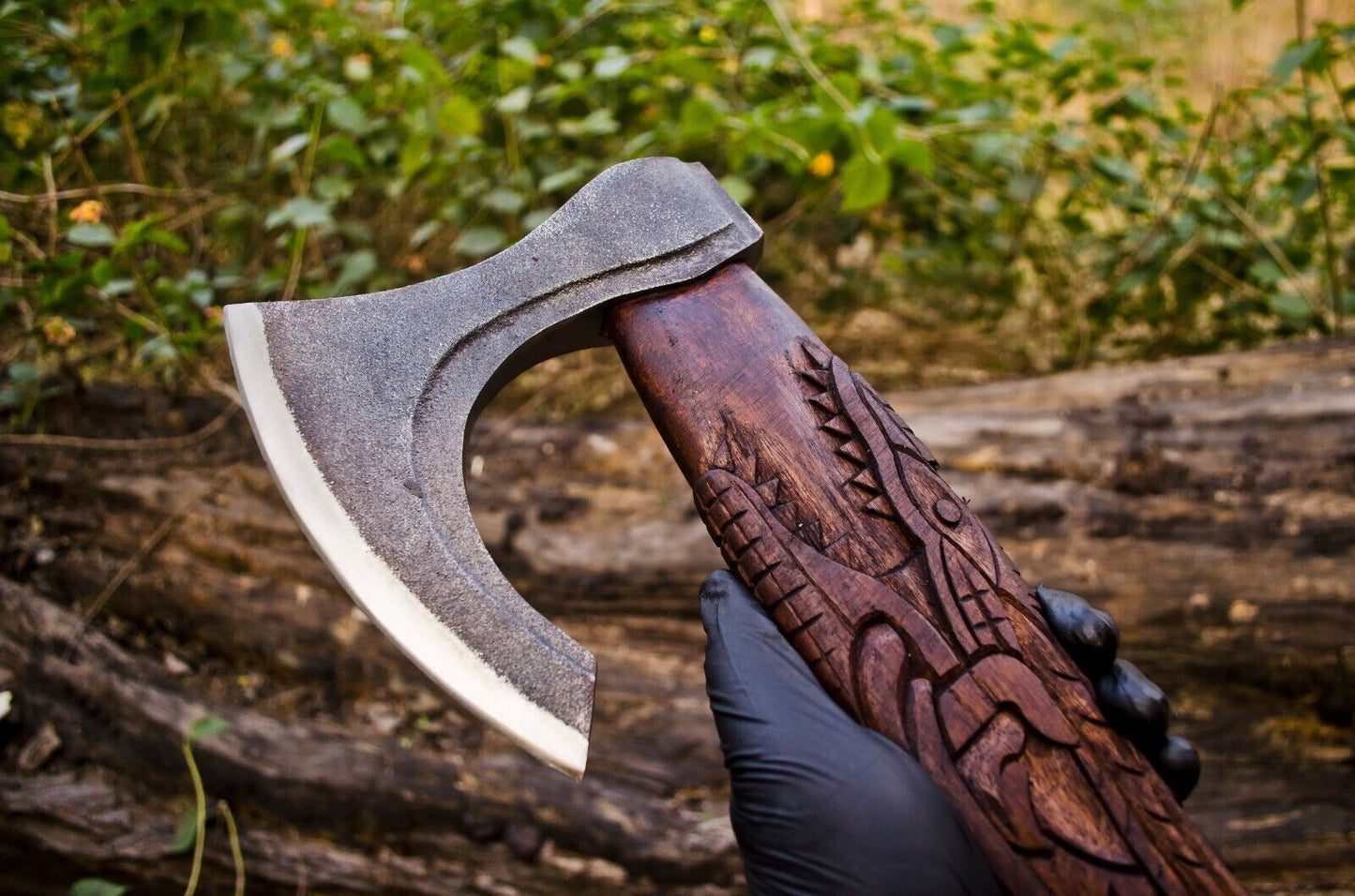 Custom Handmade Carbon Steel Viking Axe Tomahawk Throwing Hatchet with Engraved Wood Handle and Leather Sheath