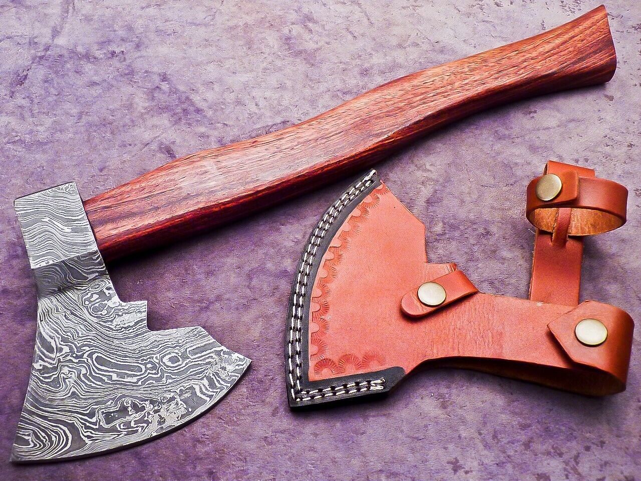 Limited Edition Handmade Damascus Steel Battle Axe with Natural Wood Handle and Leather Sheath