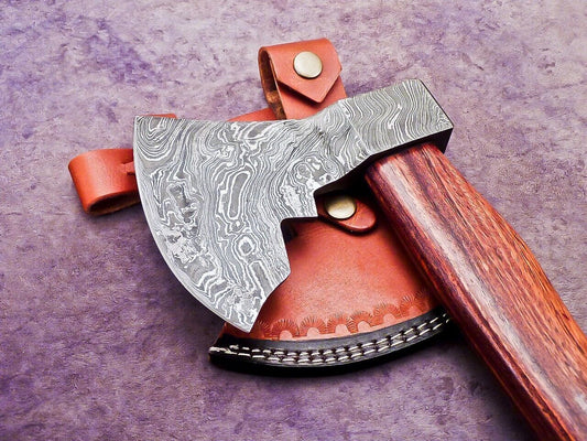 Limited Edition Handmade Damascus Steel Battle Axe with Natural Wood Handle and Leather Sheath