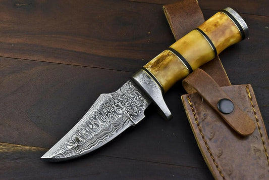 10" Damascus Trailing Bowie Knife – Camel Bone Handle