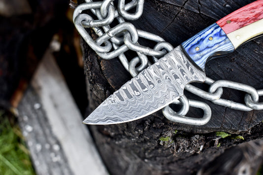 Handmade Ladder Damascus Skinner Knife with Bone and Wood Handle Wooden Bolster